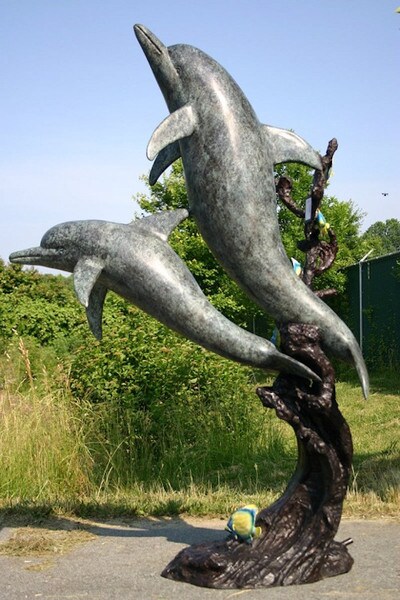 Large Dolphins Swimming around Coral Bronze Statue with Angel Fishes
